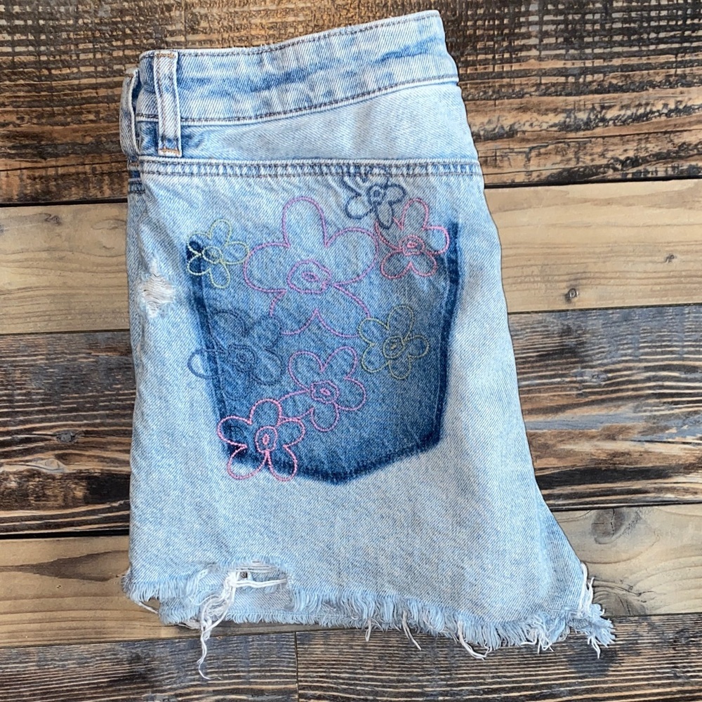 American Eagle Outfitters Light Blue Jean Shorts with Floral Embroidery